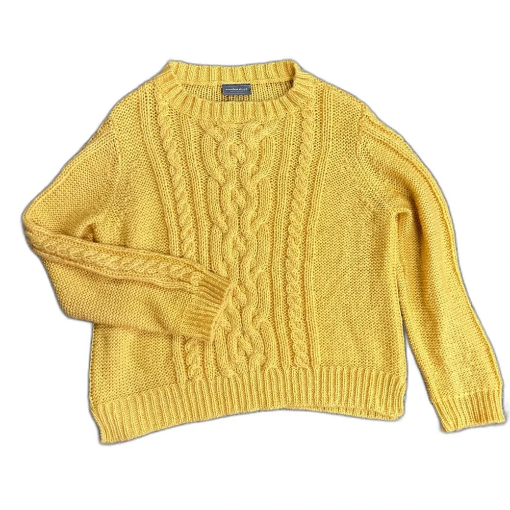 Wooden Ships Womens Yellow Mohair Blend Cable Chunky Knit Crewneck Sweater Sz XS
